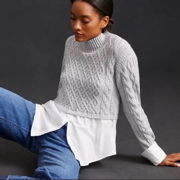 Mauve Anthropologie Gray Cable Knit Layered Shirt Sweater - Picture 3 of 15